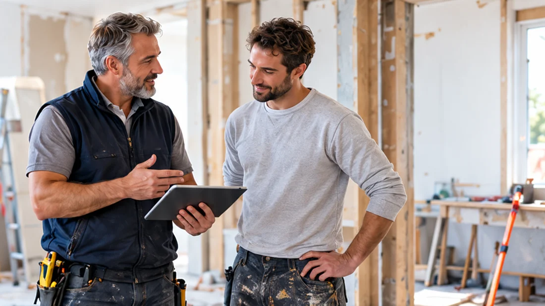 Deux artisans échangent autour d’une tablette sur un chantier