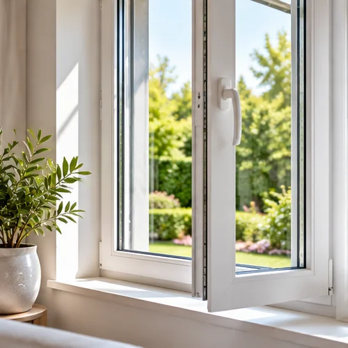 Une fenêtre blanche ouverte sur le jardin