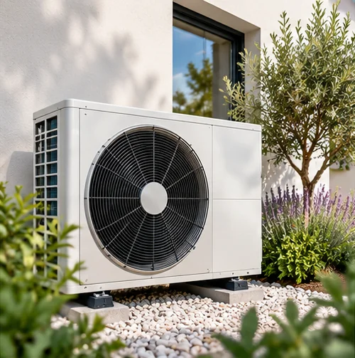 Une pompe à chaleur air/eau à l’extérieur d’une maison