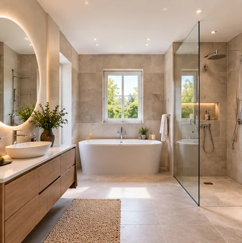 Une salle de bains rénovée aux tons clairs