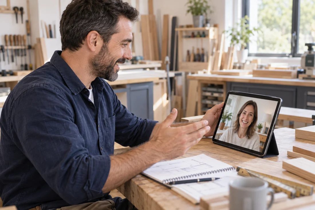 Un artisan souriant échange par tablette en appel vidéo avec un client
