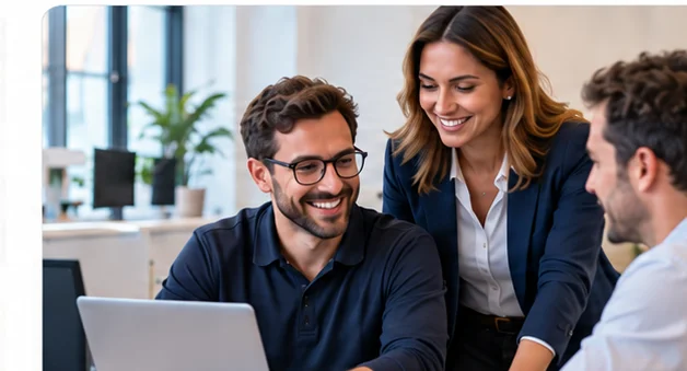Trois professionnels échangent autour d’un ordinateur