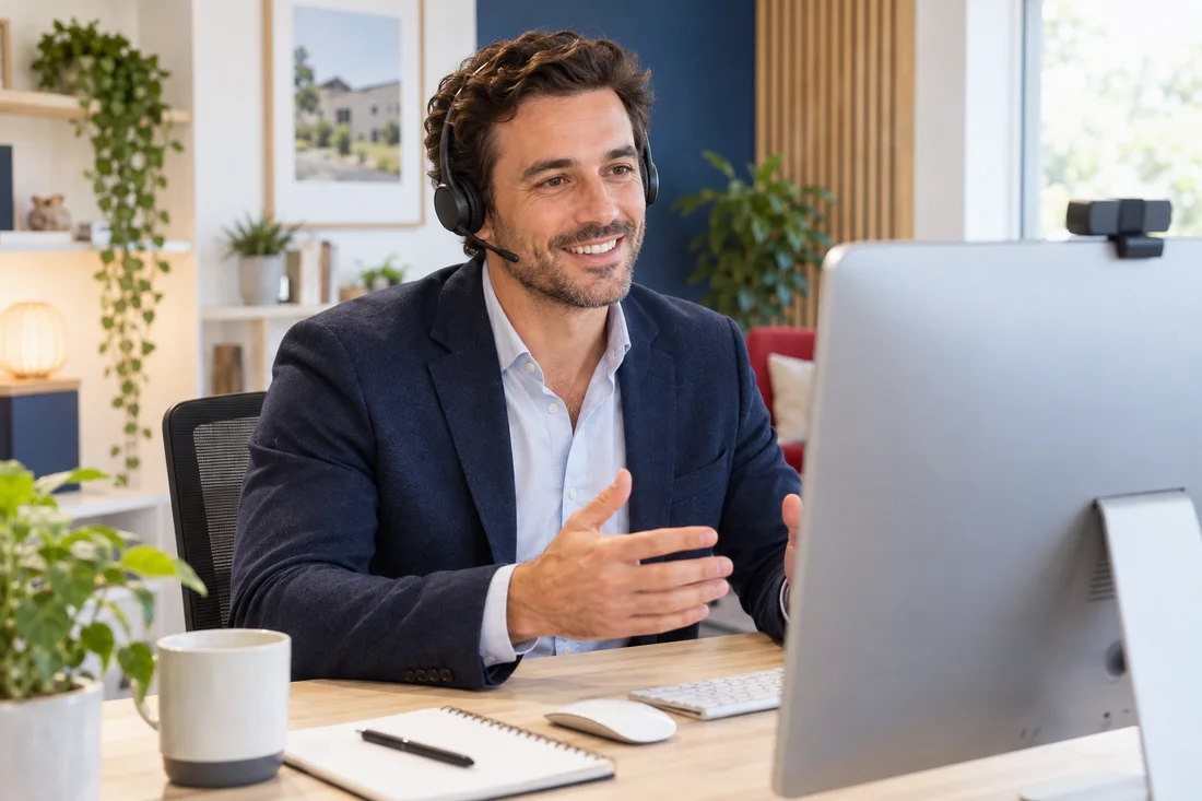 Un conseiller souriant en visioconférence devant son ordinateur, dans un bureau lumineux